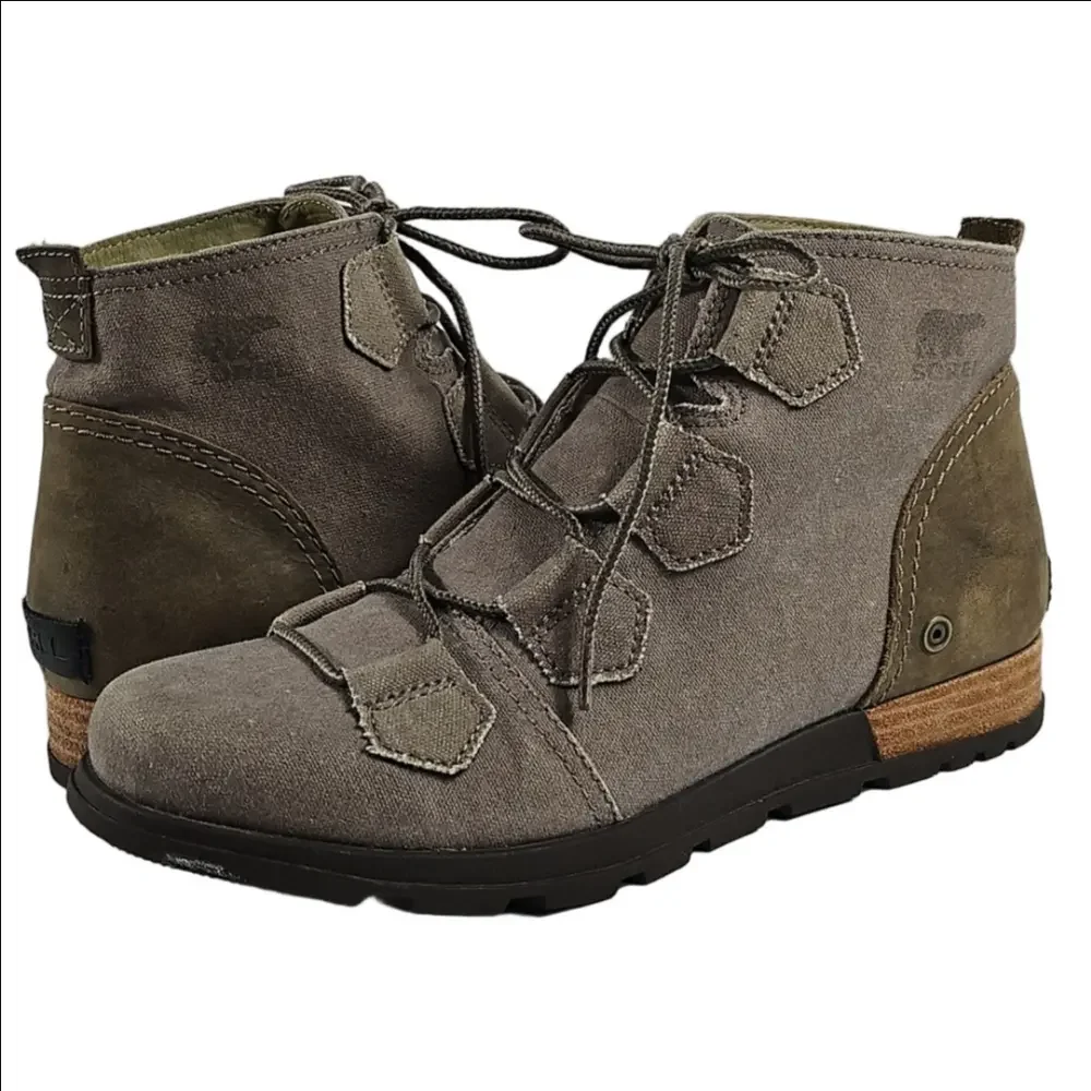 Sorel Major Taupe Grey Canvas & Leather Lace Up Ankle Boots Size 8.5
